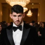 Nick Jonas leaving Beverly Hilton with bow tie askew and golden chandelier glow behind him