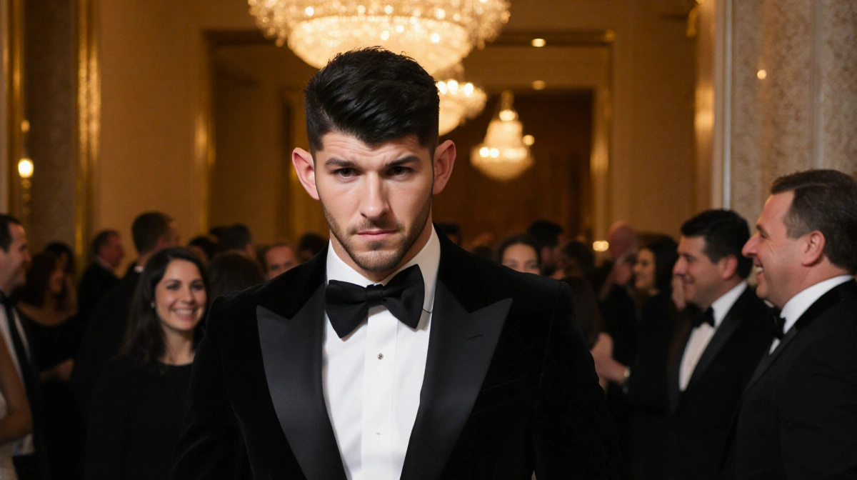 Nick Jonas leaving Beverly Hilton with bow tie askew and golden chandelier glow behind him