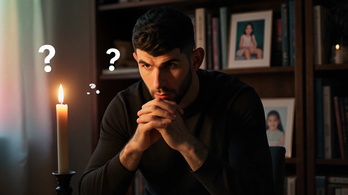 Nick Jonas sits with clasped hands reflecting near candlelight with family photos and books behind him