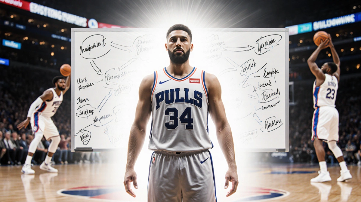 Nick Nurse stands at whiteboard with halo light and play diagrams with Embiid and Bona setting screens behind