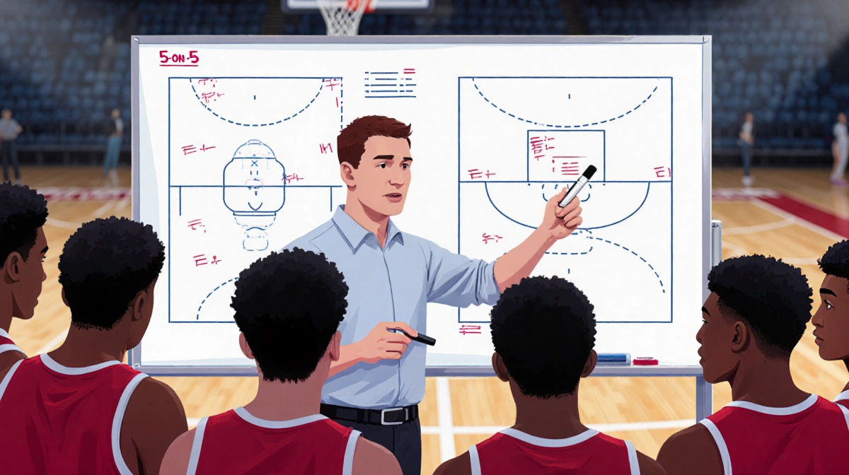 Coach Nick Nurse points to a game plan diagram on a whiteboard with players listening and sharing teamwork.