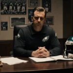 Nick Sirianni reviewing offensive coordinator candidates at desk with Eagles helmet and team photos on wall