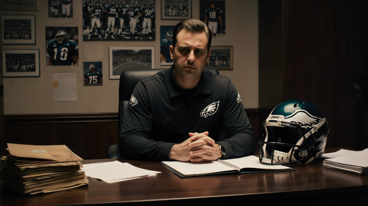 Nick Sirianni reviewing offensive coordinator candidates at desk with Eagles helmet and team photos on wall