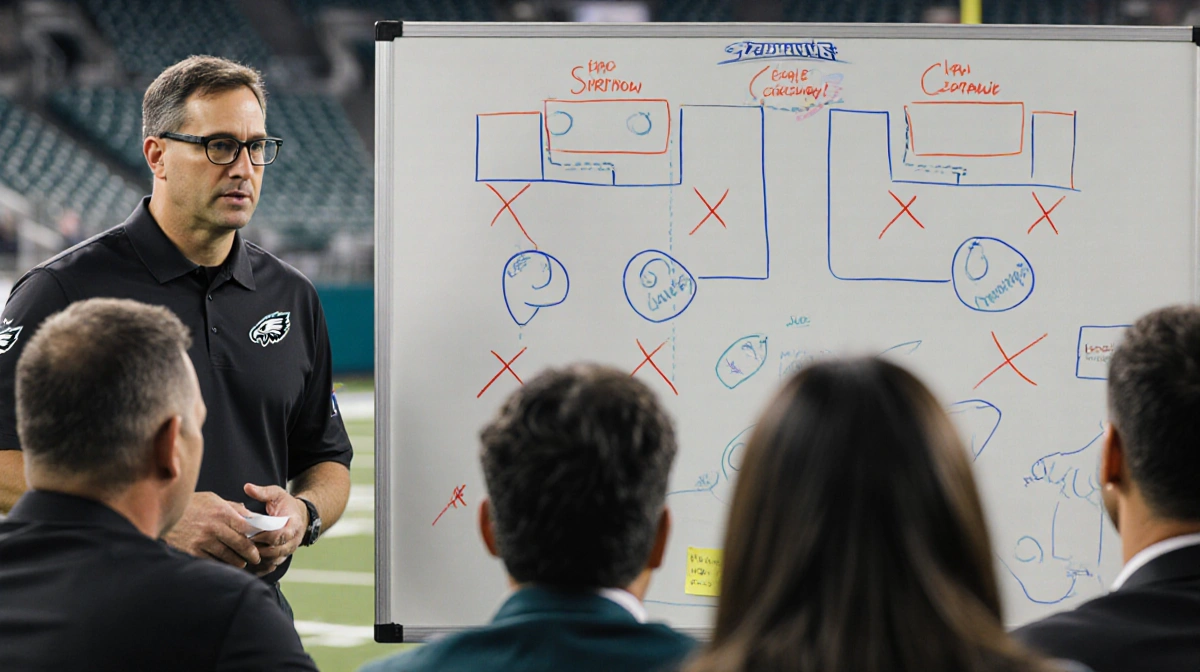 Nick Sirianni stands at whiteboard with defensive strategy diagrams while coaching staff discuss on blurred Eagles field