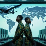 Two Nigerian engineers stand back-to-back with African map projected behind them and autonomous drone flying overhead
