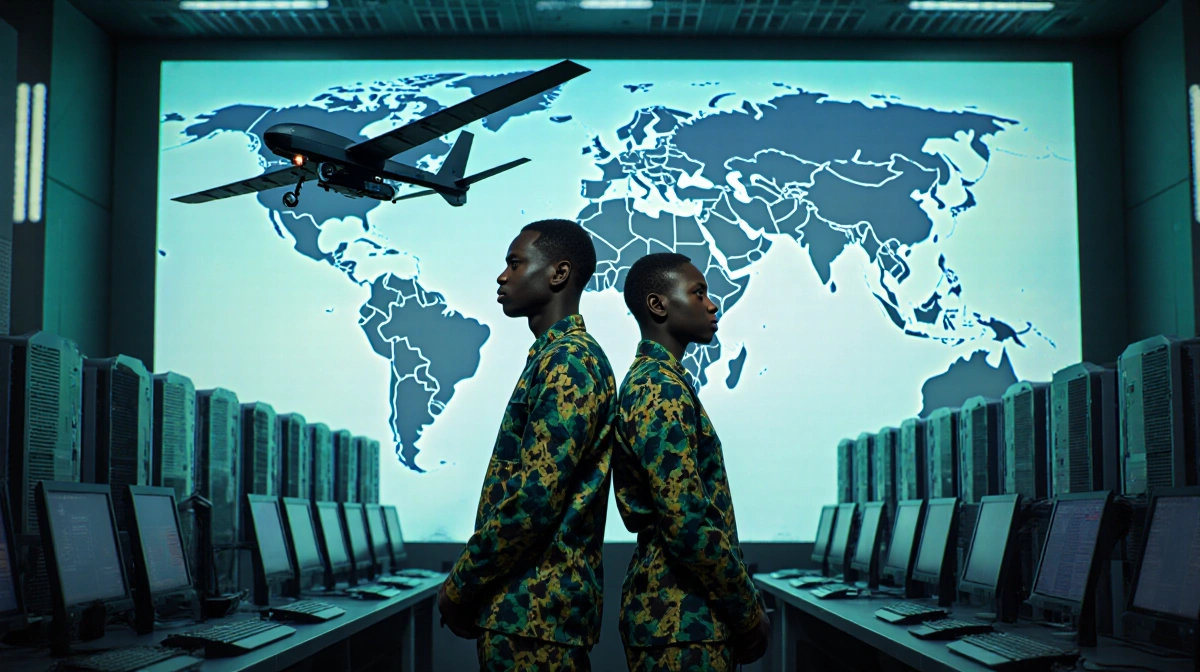 Two Nigerian engineers stand back-to-back with African map projected behind them and autonomous drone flying overhead