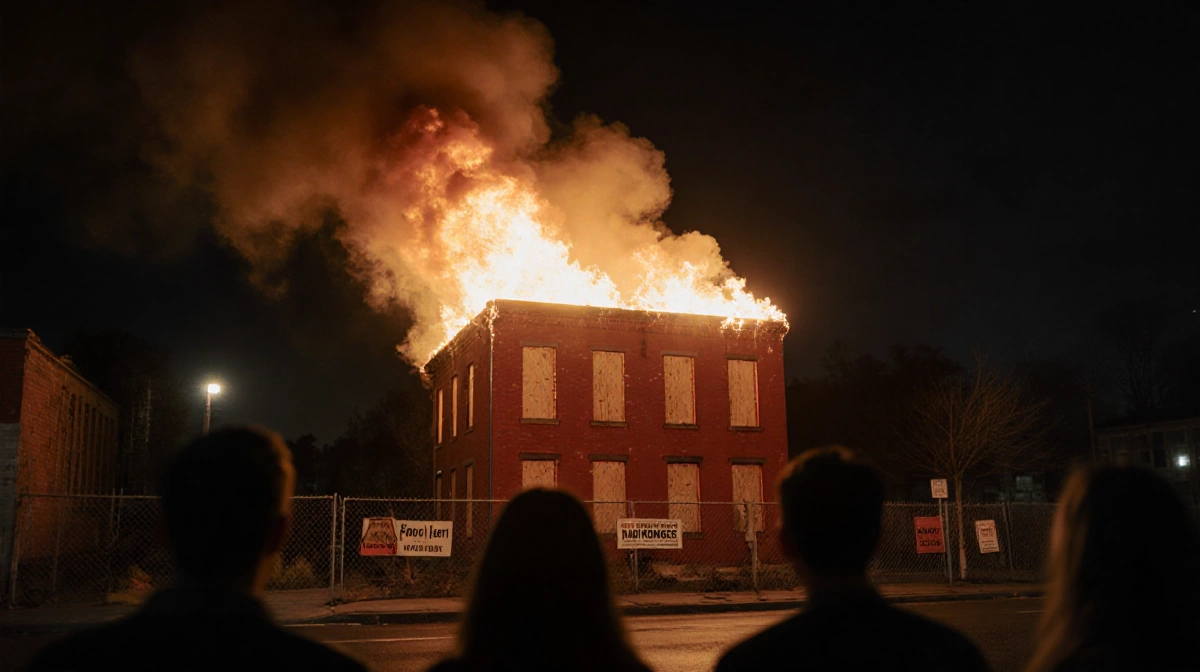 Flames erupting from roof of abandoned red building with windows smoke revealing onlookers at night