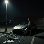 Sleek metallic car veering off with spotlight casting ominous glow and a broken streetlight lies nearby and a building looms.