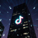 Cityscape reflecting glowing smartphone screens with TikTok logo and blurred motion lines indicating outage