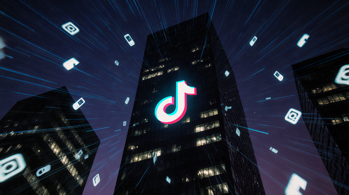 Cityscape reflecting glowing smartphone screens with TikTok logo and blurred motion lines indicating outage