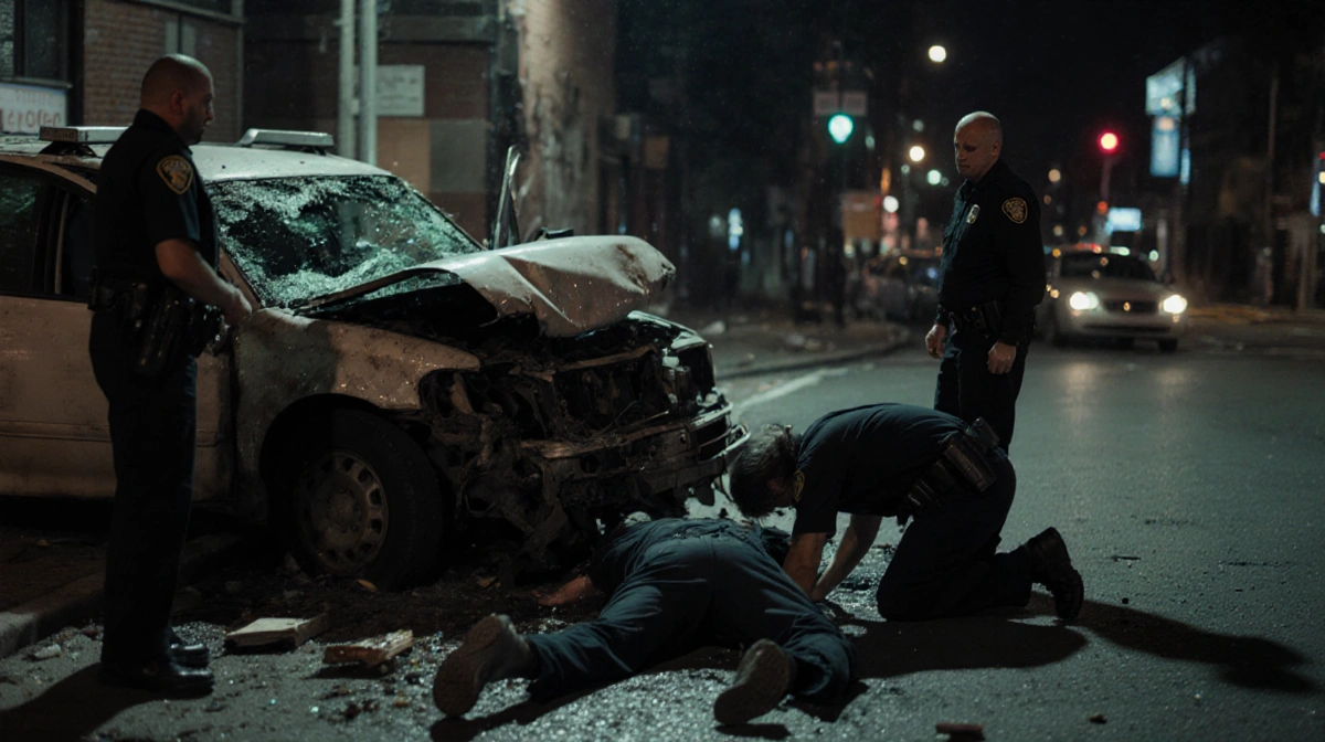Police officer kneels beside crash victim with twisted metal and shattered glass on dark North Philadelphia street