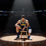 Nikola Jokic sits on night court with spotlight on him and ice pack on his knee cityscape visible