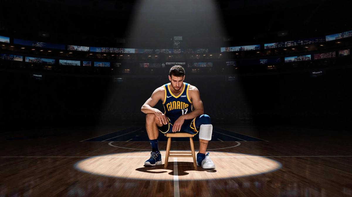 Nikola Jokic sits on night court with spotlight on him and ice pack on his knee cityscape visible