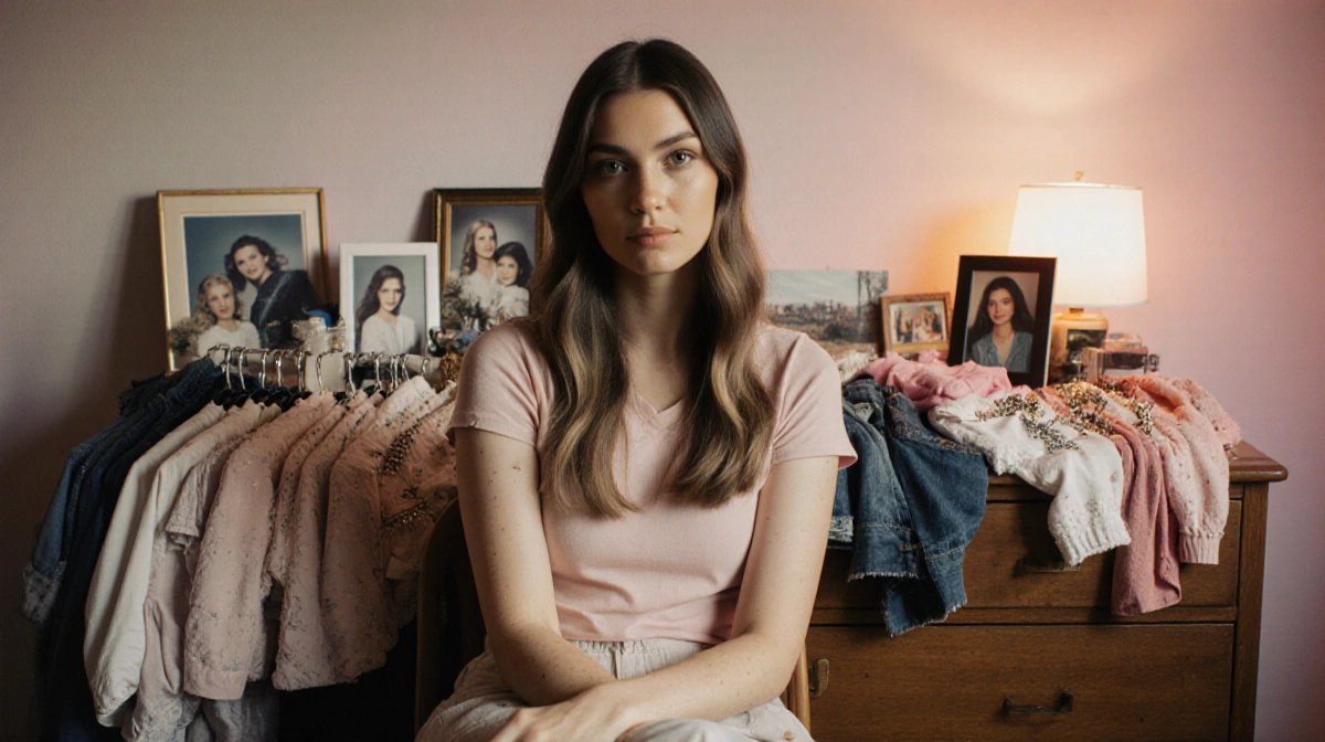 Nix sitting on a cluttered dresser with Bella's clothes and family photos in a pastel glow