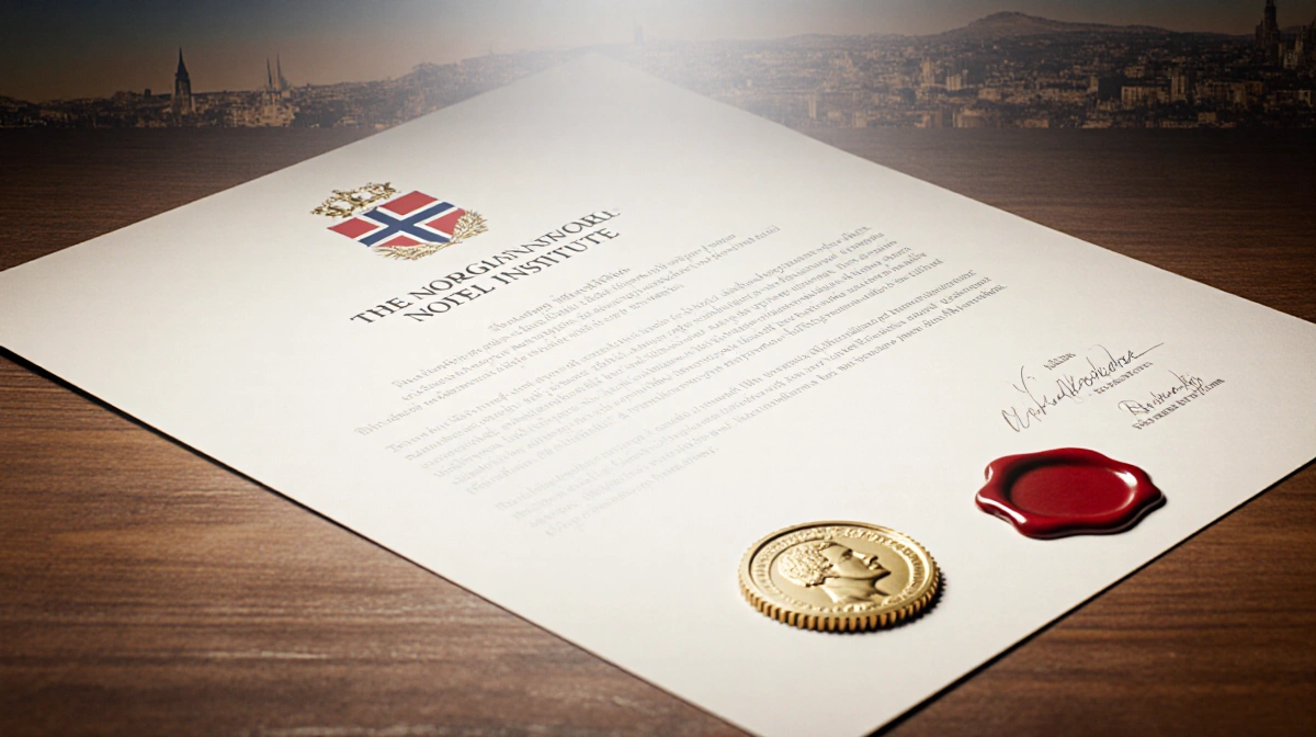 Nobel Prize medal resting on embossed certificate with red wax seal and Norwegian flag in soft background