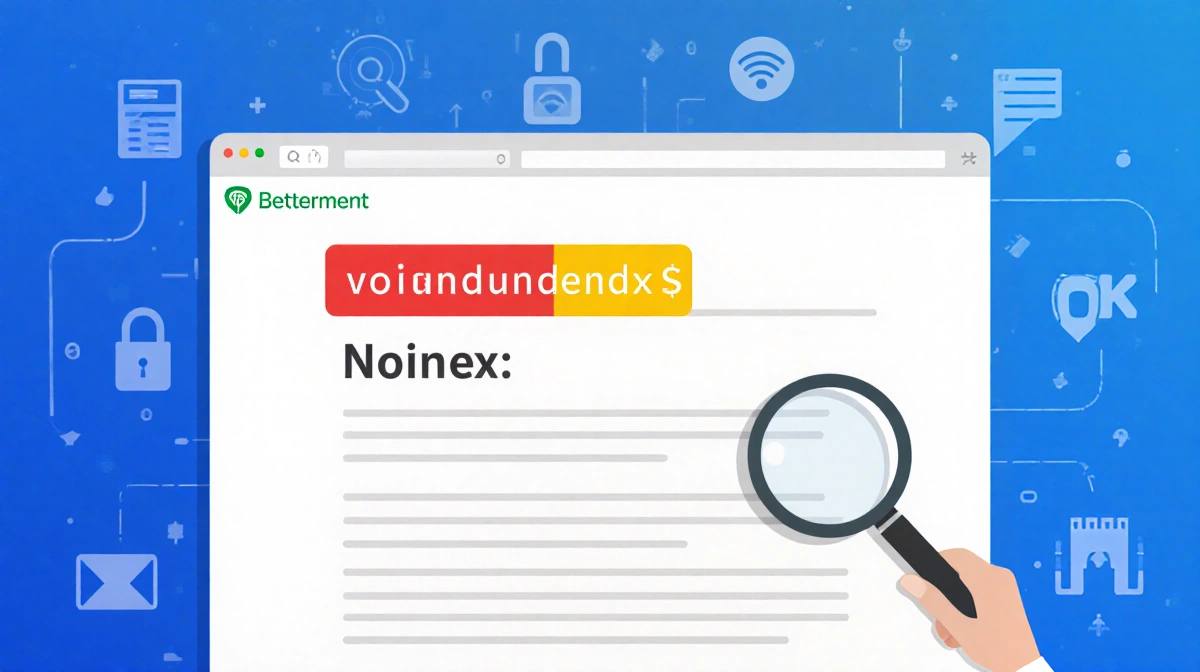 Magnifying glass hovering over noindex tag on Betterment webpage with search icons and company logo visible