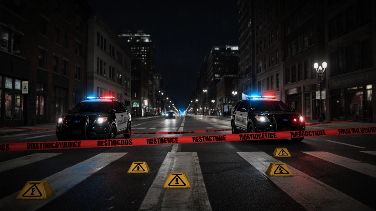 Police cars block North Broad Street with red crime scene tape and evidence markers on dark pavement