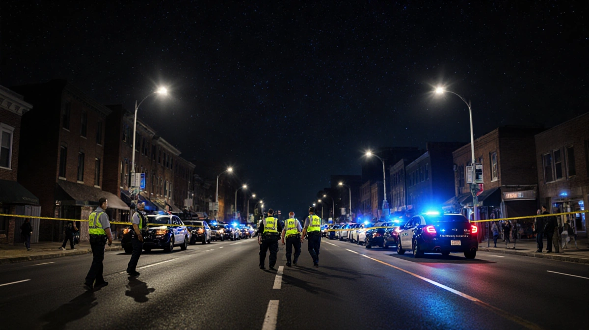 Police officers stand guard at North Broad Street crime scene with patrol cars and yellow tape blocking the road