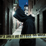 Hoodie‑clad figure stands by police tape in dim night alley with city lights in background