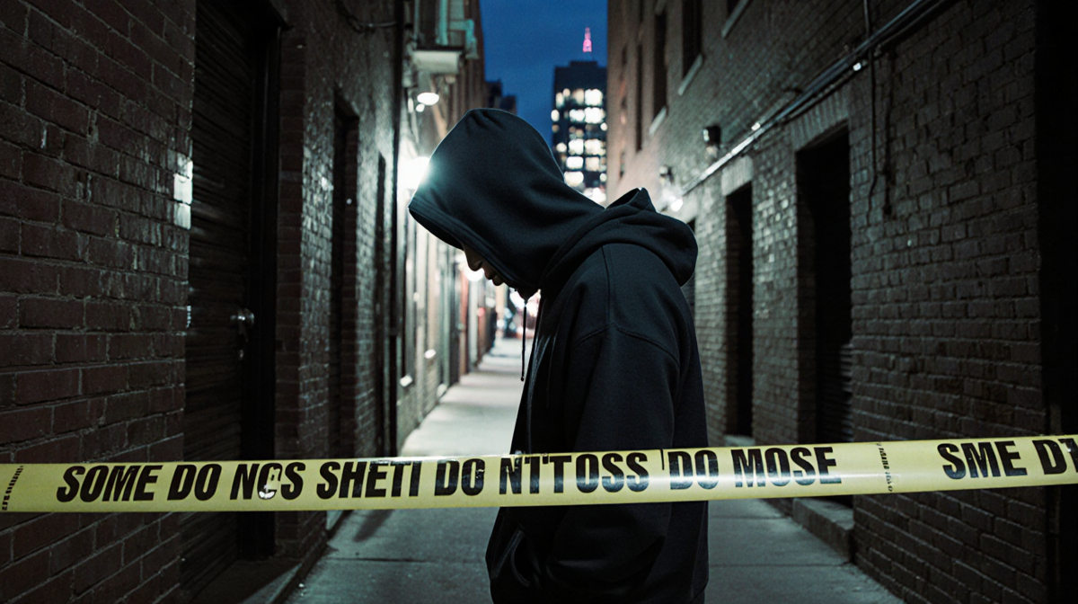 Hoodie‑clad figure stands by police tape in dim night alley with city lights in background