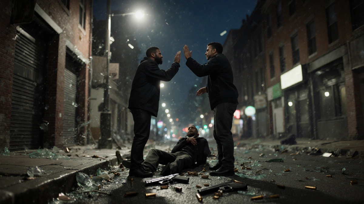 Two men confront each other with raised hands over injured person with guns and shell casings on North Philadelphia street