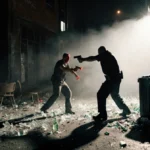 Security guard firing gun at wounded figure with broken glass and debris scattered across dark alley