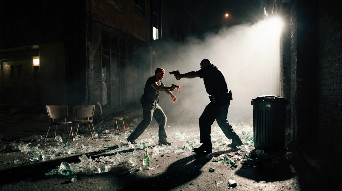 Security guard firing gun at wounded figure with broken glass and debris scattered across dark alley