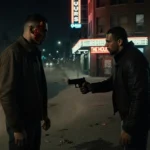 Two men confront on a dark North Philly street with neon lights flickering and a speeding car leaving dust behind them