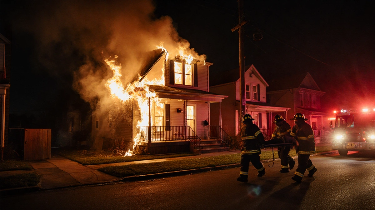 Firefighter carrying a victim on a stretcher with flames licking a damaged home and emergency lights glowing