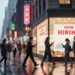 People walking toward a storefront with a Now Hiring sign with wet pavement reflecting neon lights and an economic growth cha