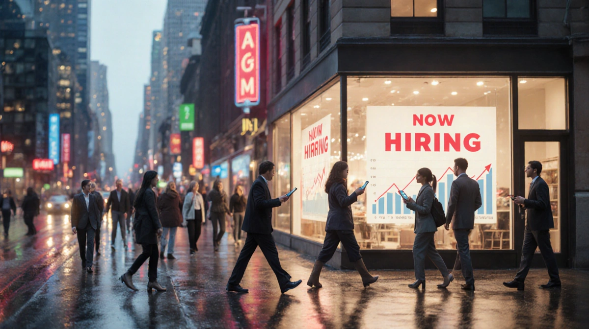 People walking toward a storefront with a Now Hiring sign with wet pavement reflecting neon lights and an economic growth cha
