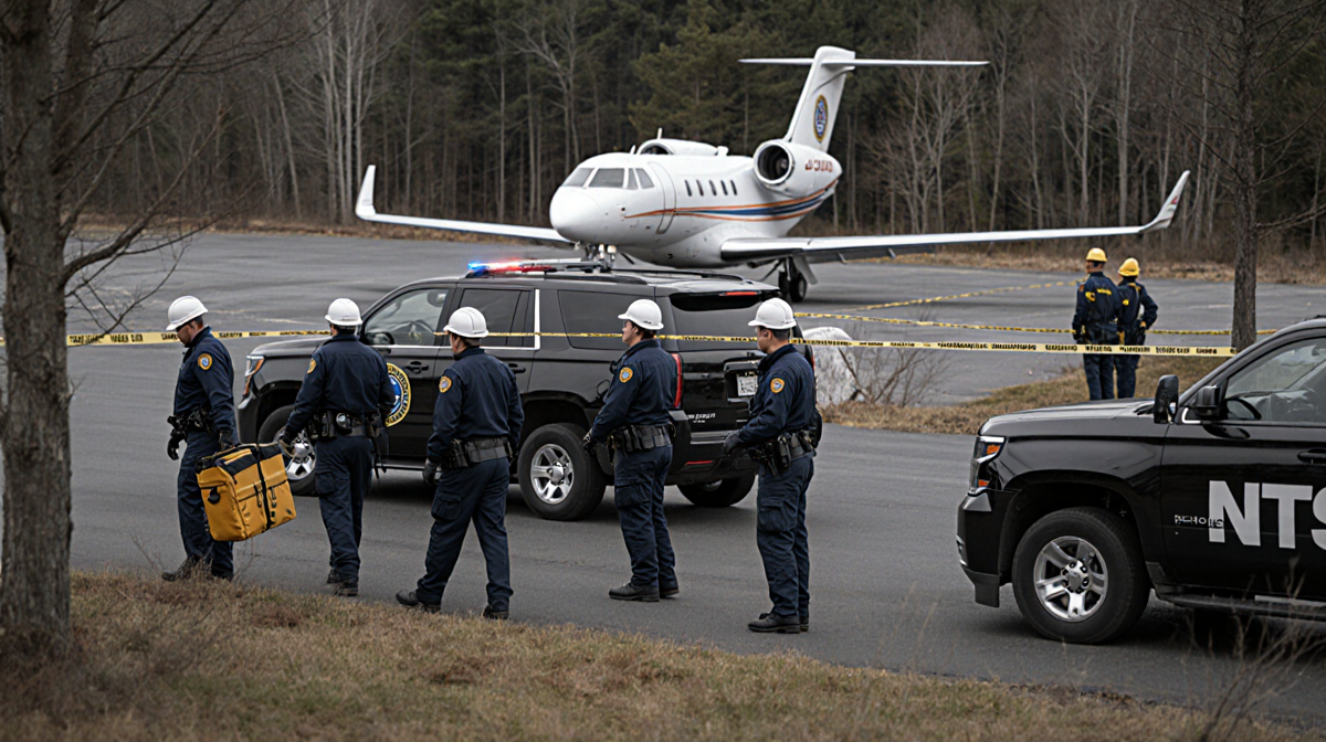NTSB investigators arrive at crash site with white hard hats near NTSB vehicles and a jet visible through trees.