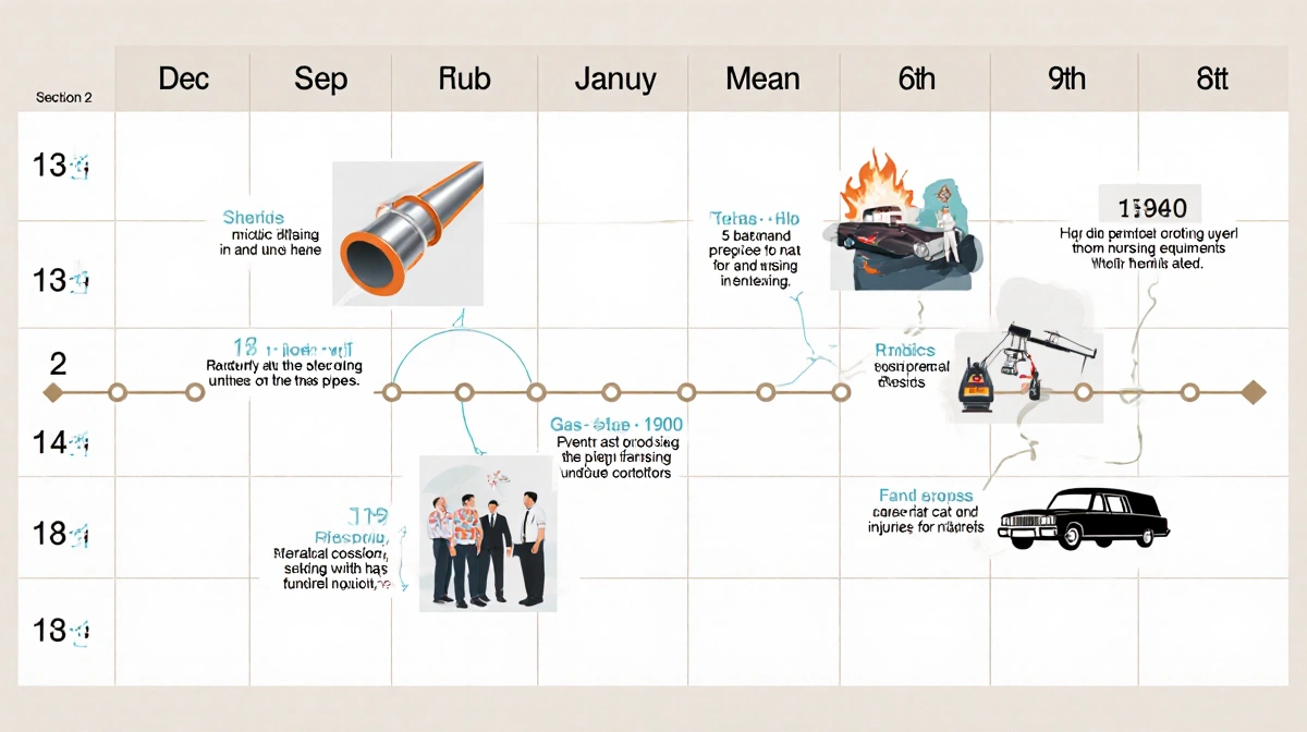 Calendar timeline showing nursing home explosion dates with gas pipe and medical equipment icons