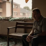Man grieving on bench with broken glass near shattered window at Pennsylvania nursing home