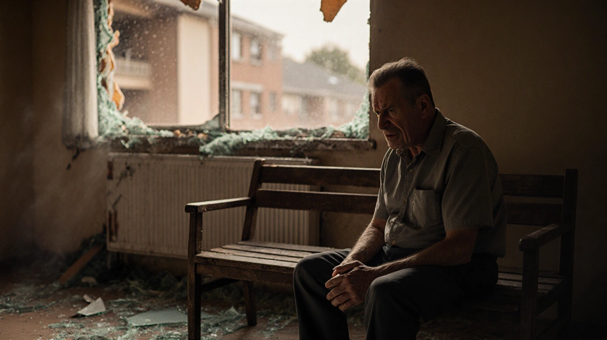 Man grieving on bench with broken glass near shattered window at Pennsylvania nursing home