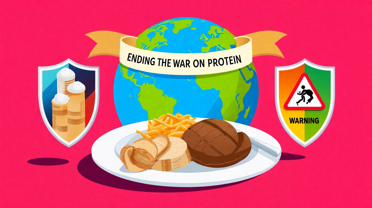 Globe shaking hands with plate of protein foods showing treaty banner against sugar and fat shields with softer warnings