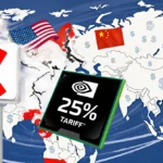 Nvidia H200 chip detained at customs checkpoint with 25% tariff sign and economic symbols swirling overhead