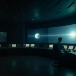 Astronomer studying data with curved screen showing binary lights and icy comet halo