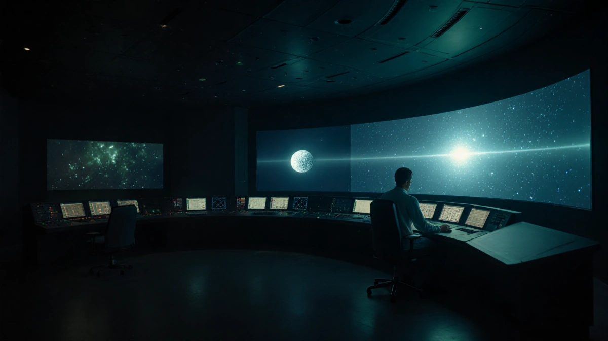 Astronomer studying data with curved screen showing binary lights and icy comet halo