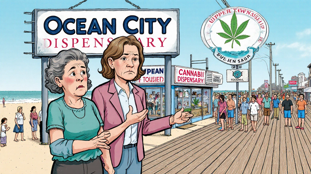 Mary Louise gesturing toward a cannabis dispensary with tourists watching skeptically on the beachboardwalk
