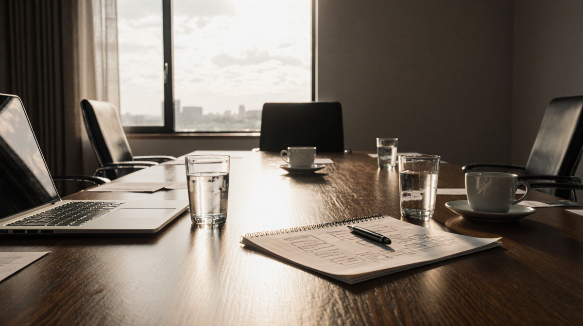 Pen lying between two glasses on a wooden minimalist office boardroom table with a strategy map scribble