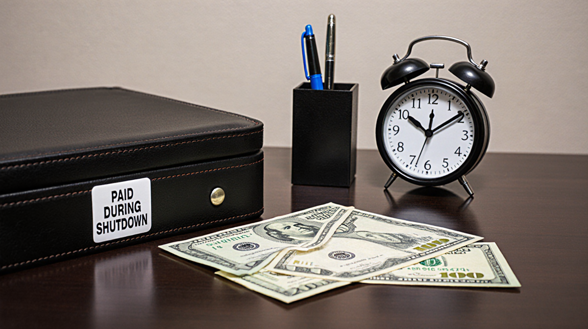 Briefcase sitting on desk with paycheck and paid sticker near noon clock.