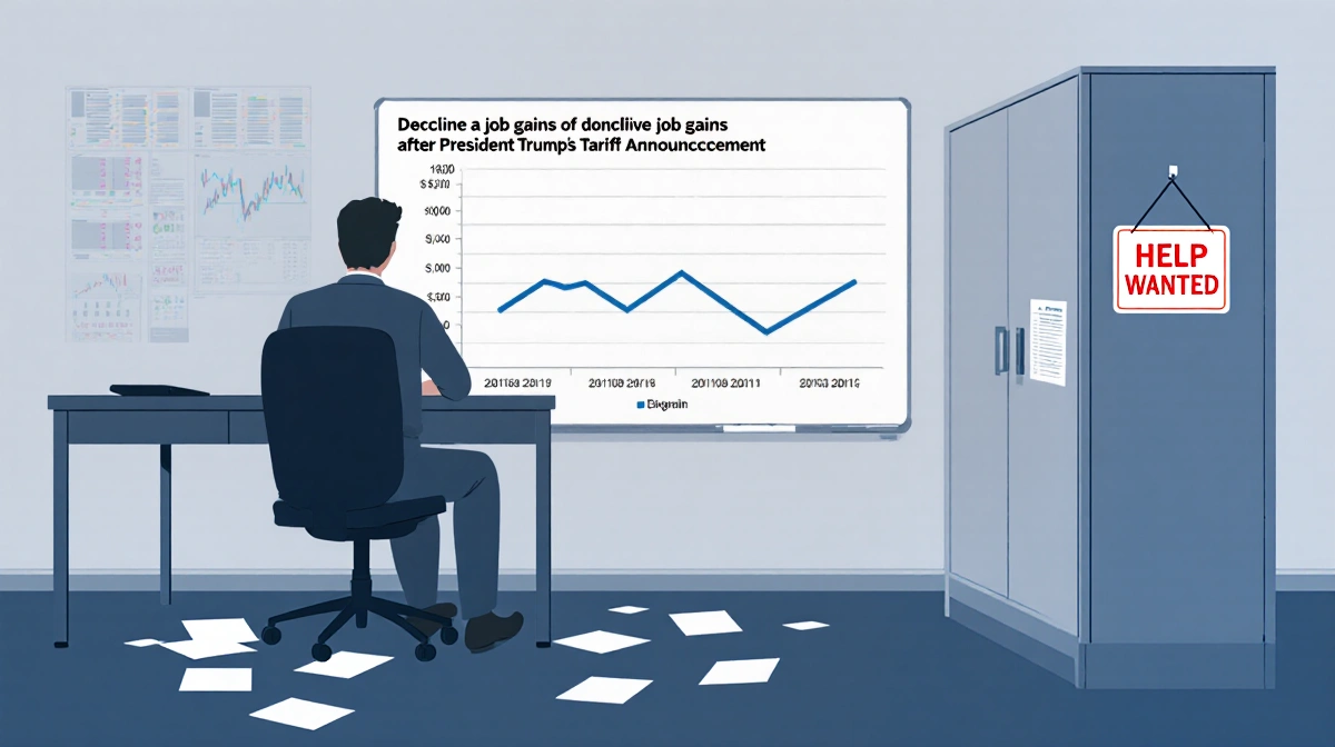 Employee working at desk with declining job gains graph after tariff on whiteboard and help wanted sign in muted blues