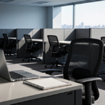 A deserted office chair sits at a desk with a laptop and open notepad under soft blue-grey melancholy light