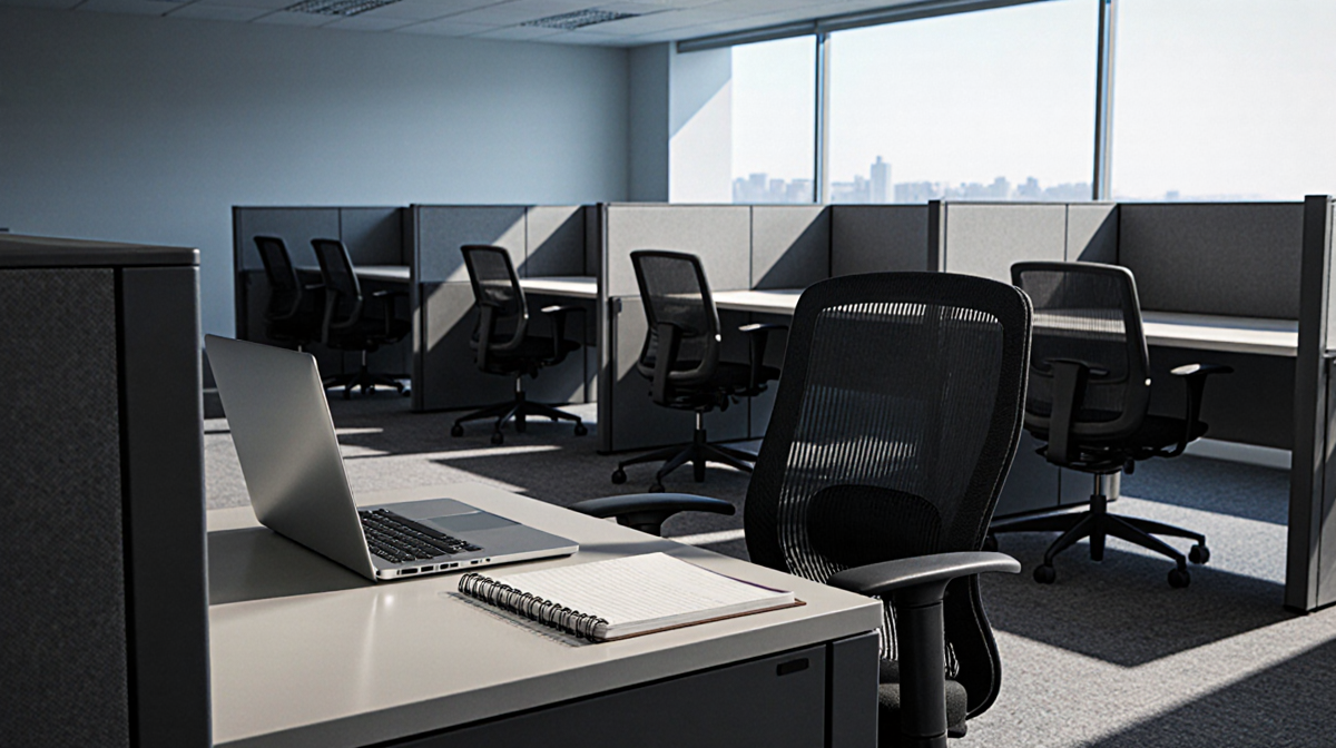 A deserted office chair sits at a desk with a laptop and open notepad under soft blue-grey melancholy light