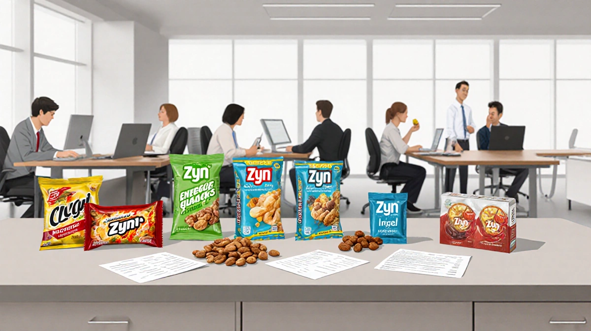 Employees snacking on energy bars and nicotine pouches with laptops and papers in a modern office snack bar