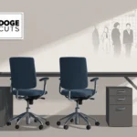 Office workspace conveys understaffing with an empty desk two chairs and DOGE Cuts logo.