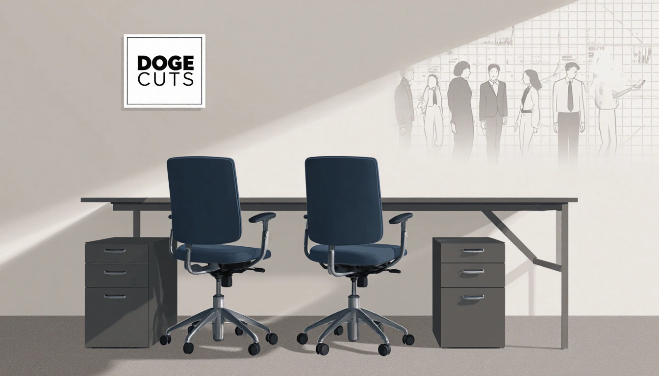 Office workspace conveys understaffing with an empty desk two chairs and DOGE Cuts logo.