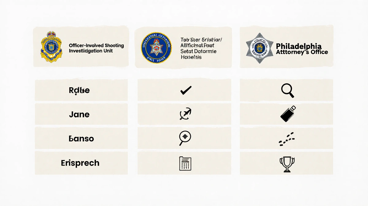 Illustrated table displays three investigative units with agency logos and icons for roles.