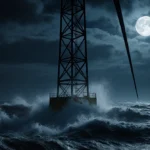 Offshore wind turbine stands in stormy waves with moonlit tower and sailboat battling turbulent waters